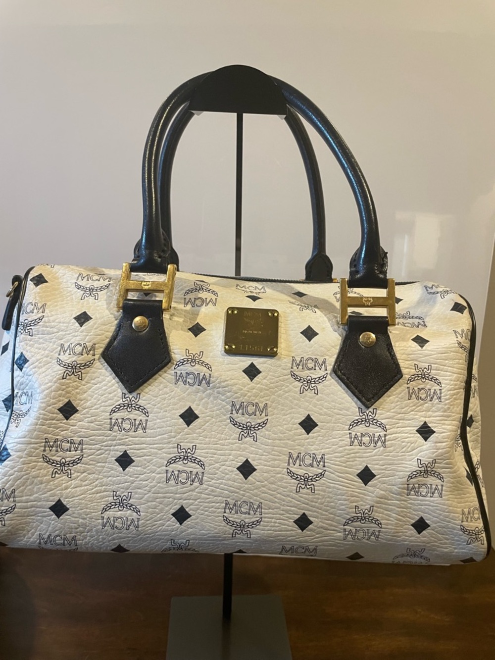 MCM White Visetos Satchel with Black Trim and Gold Hardware
